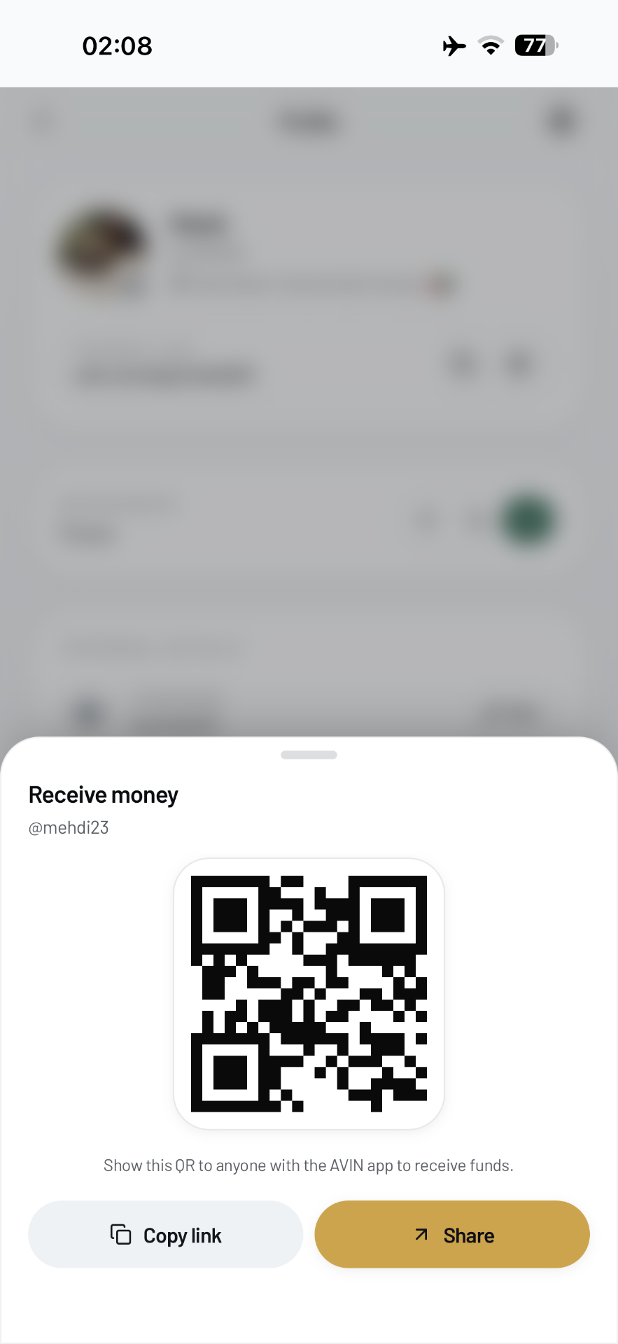 AVIN merchant payments QR receive screen